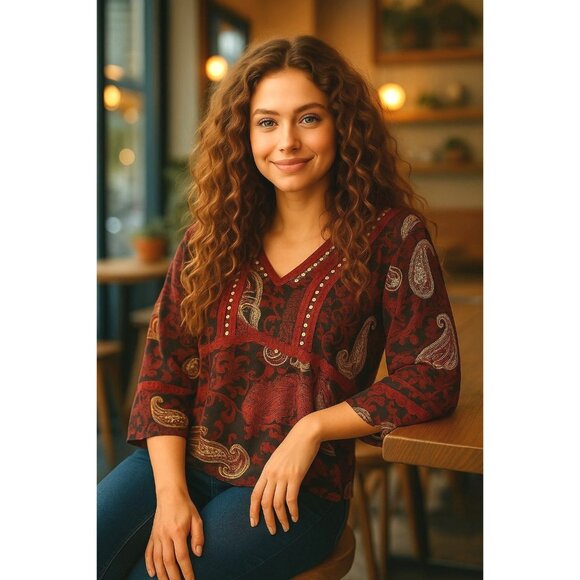 Sangria Size 10 Burgundy Paisley Studded V Neck Lined Blouse Vintage Boho Core - Picture 6 of 10